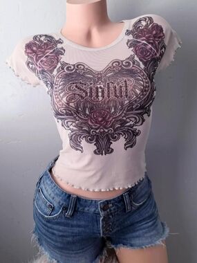 Y2k Sinful by Affliction graphic angel wings Tee